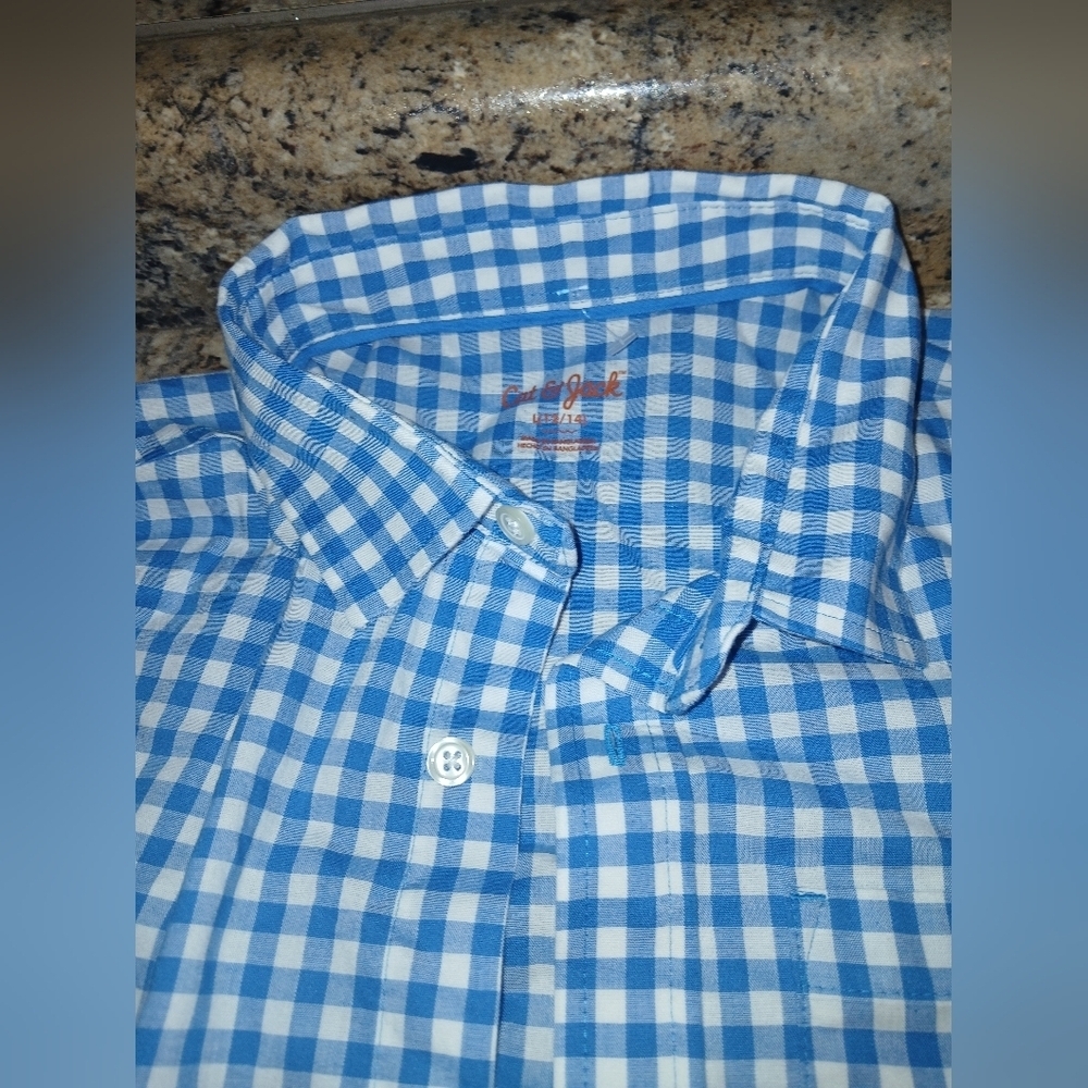 Cat and Jack size large 12/14 blue and white ginghams striped polo style shirt . - Picture 2 of 8